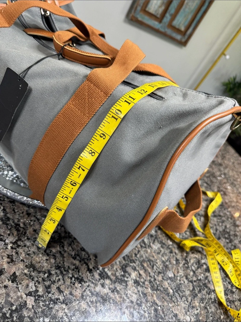 Bugatti Gray heavy canvas Duffel Bag with Tan Straps and shoulder strap NEW